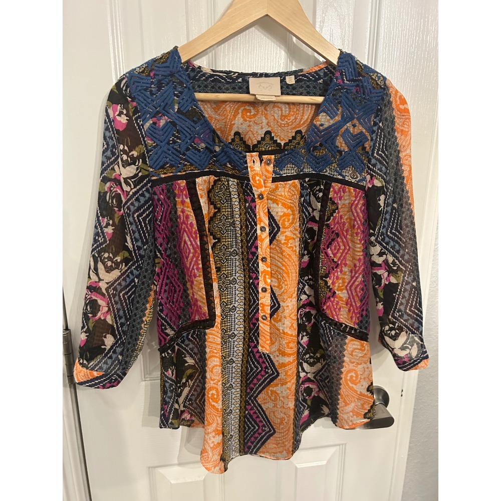 Vanessa Virginia Anthropologie Mixed Print Embroidered Boho Blouse Orange Blue 2